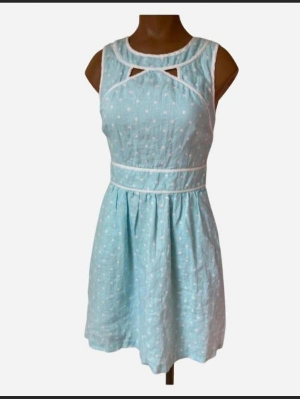 Kaari Blue Light Blue Polka Dot Sleeveless Fit-and-Flare Linen Dress